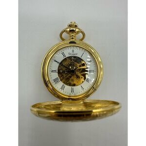 Stauer Skeleton Mechanical Pocket Watch Gold Tone Half Hunter Roman Tested